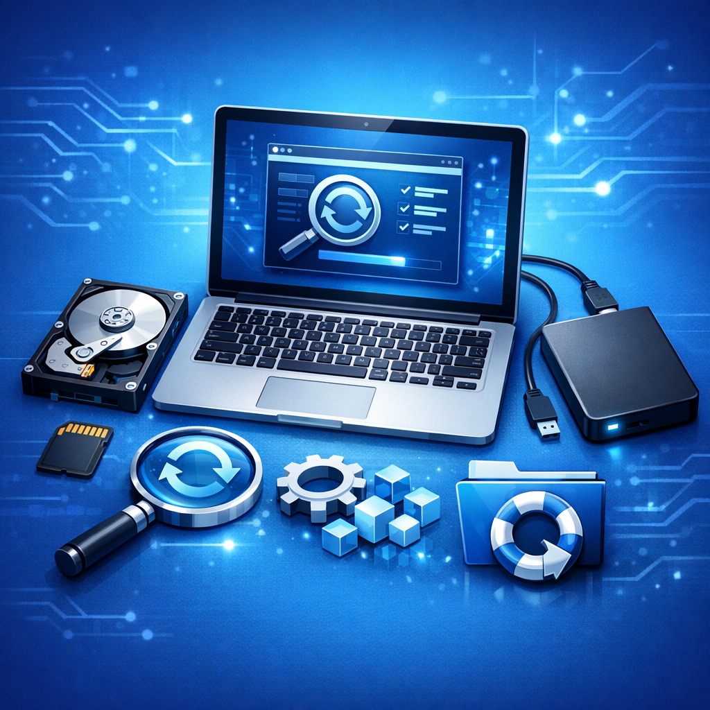 Welche Datenrettungssoftware und Recovery Tools sollte ich herunterladen? - Data recovery software tools, laptop, hard drive and SD card, blue clean professional tech illustration, no text