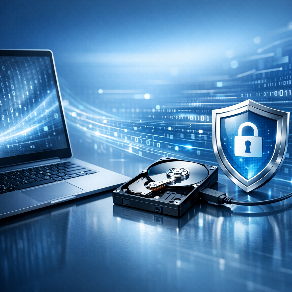 Welche Versicherung zahlt Datenrettung? - Modern professional header image for a German article about data recovery insurance: laptop, hard drive, shield icon, digital data streams, clean blue technology style, no text