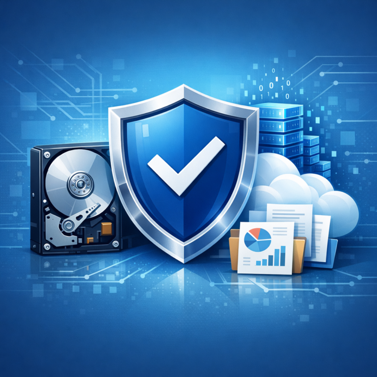 Welche Versicherung zahlt für Datenrettung? - Modern professional illustration for an article about insurance coverage for data recovery: shield icon, hard drive, cloud data, documents, subtle blue tech background, clean corporate style, no text