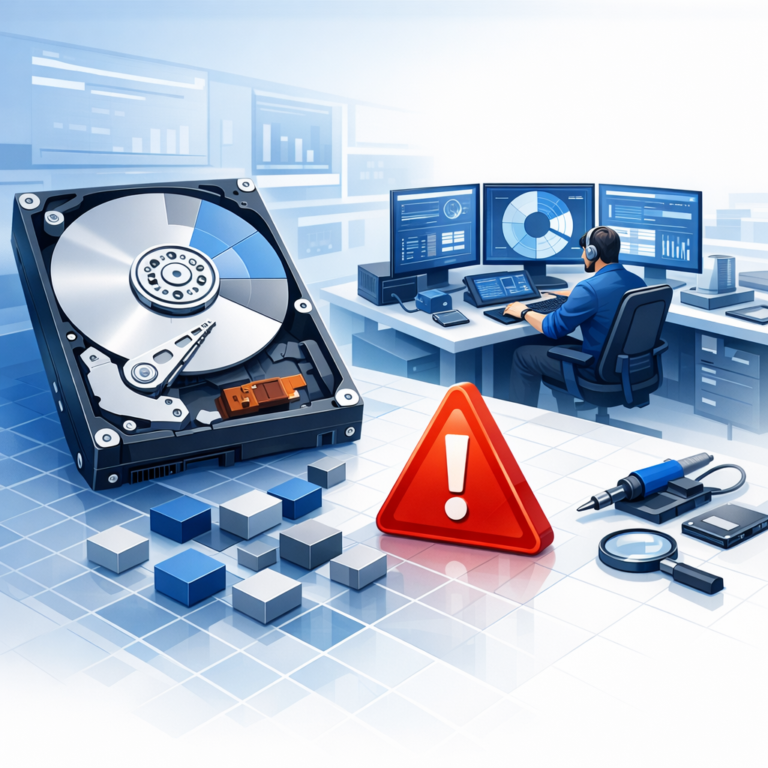 Wie kann ich Daten retten, wenn meine Festplatte nicht zugeordnet ist? - Modern professional data recovery illustration: unallocated hard drive, disk sectors, warning symbol, technician workstation, blue and white tech style, clean composition, no text