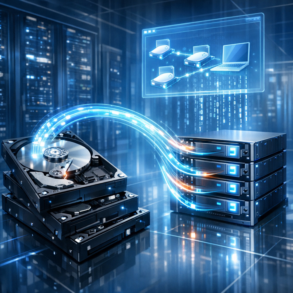 Wie lassen sich Daten von einer dynamischen Festplatte wiederherstellen? - Modern technical illustration of data recovery from a dynamic hard drive in Windows, multiple disks, glowing data streams, clean blue server room style, professional IT look, no text