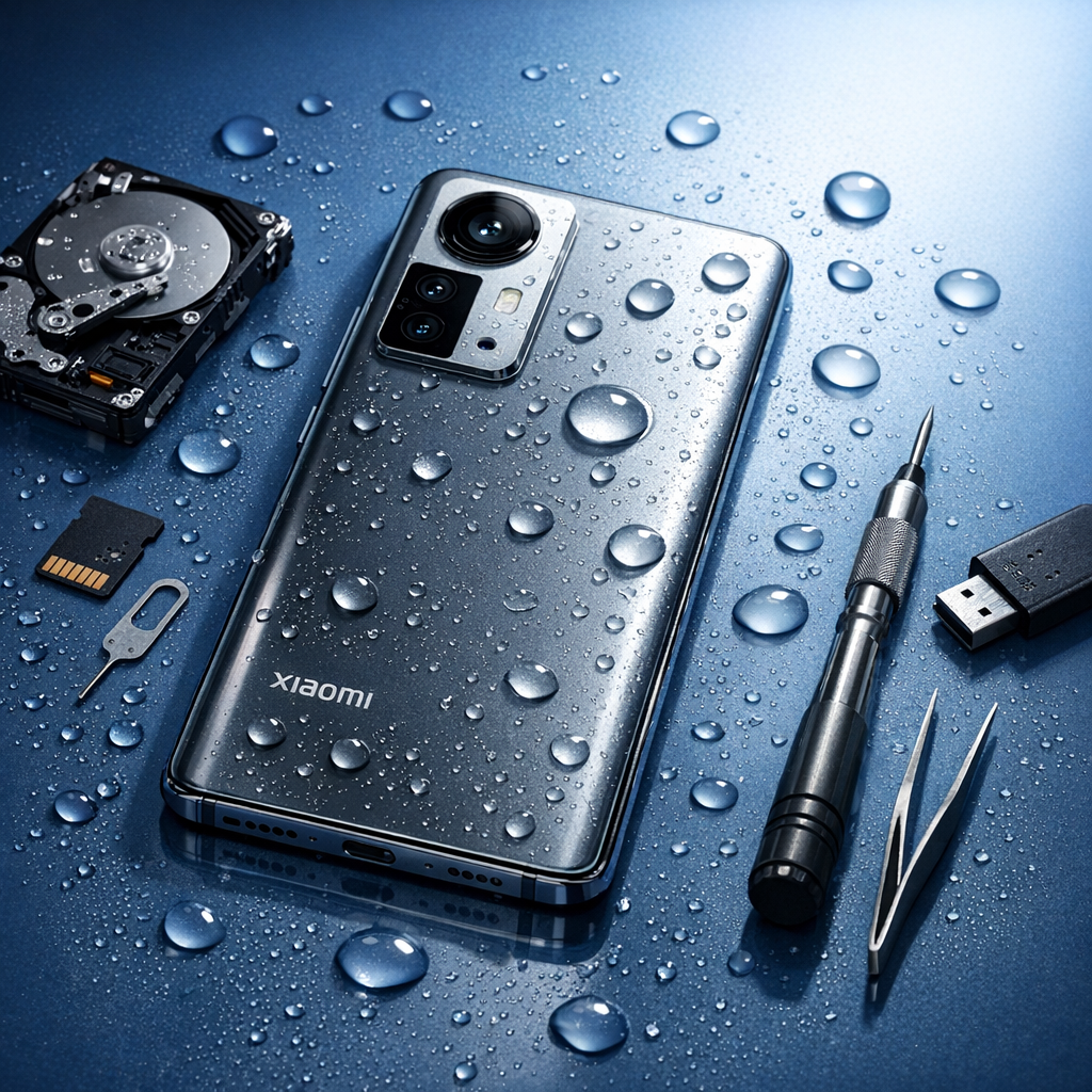 Xiaomi Handy ins Wasser gefallen - Modern realistic editorial image of a Xiaomi smartphone with water droplets on a clean blue tech background, repair and data recovery concept, no text, professional lighting