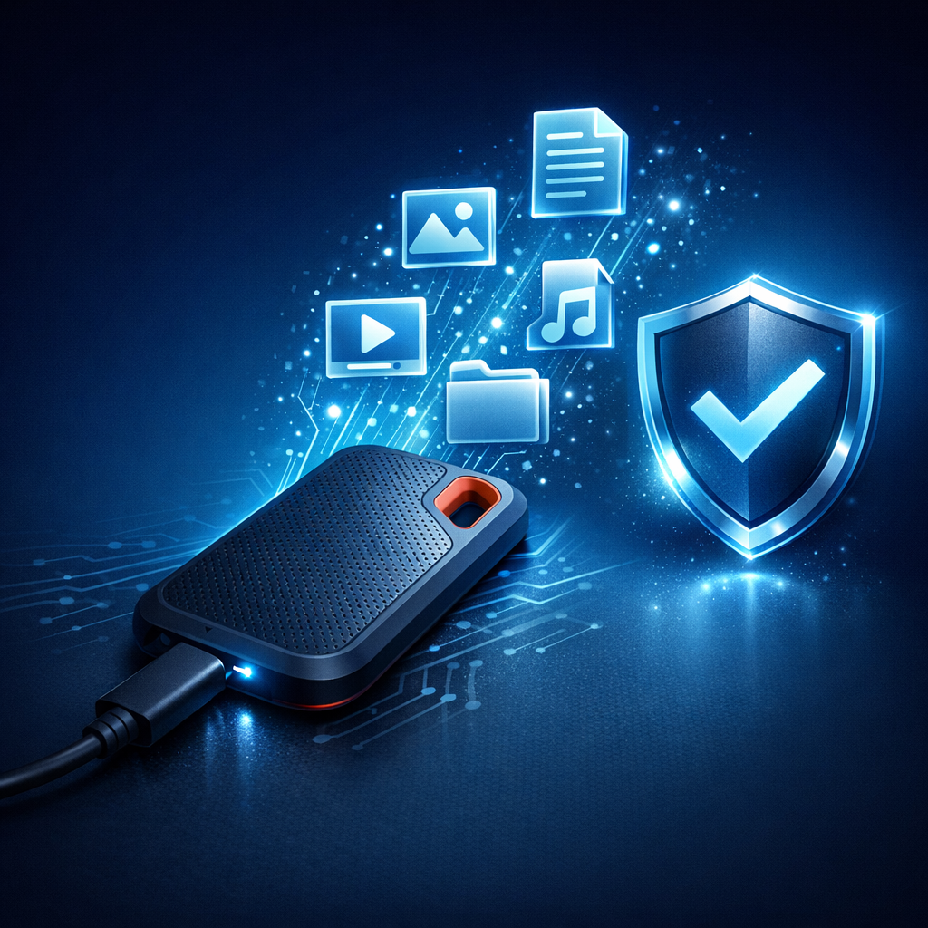 Zufällig gelöschte Dateien von 4TB Sandisk Extreme Portable SSD retten - Modern technical illustration of a SanDisk-style portable external SSD connected via USB-C, data recovery concept with glowing file icons, shield symbol, clean blue and dark background, professional IT support style, no text