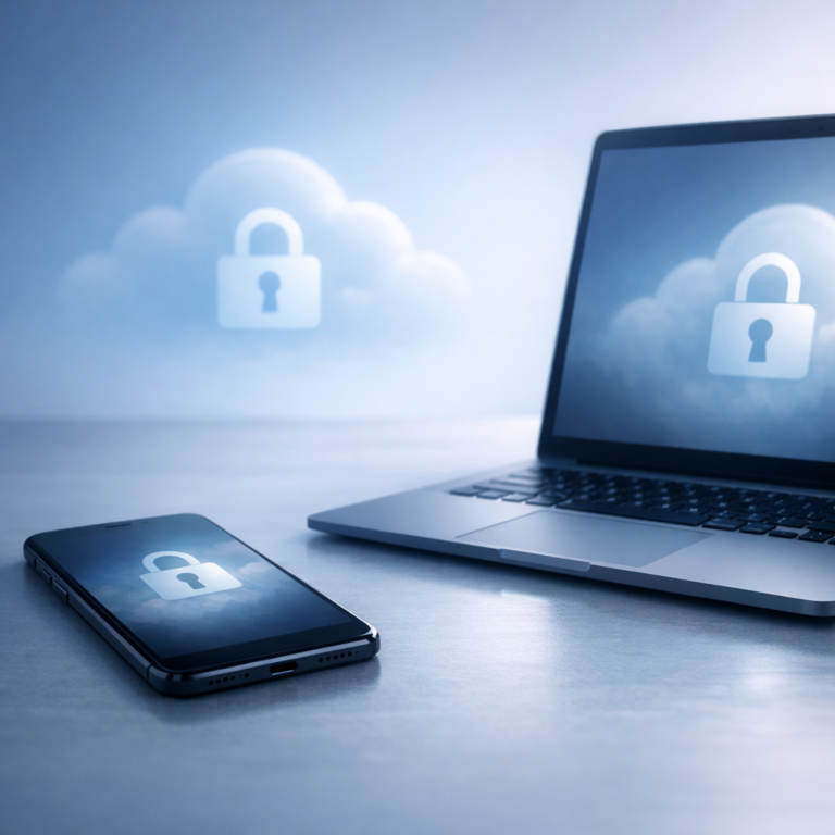 Zugriff auf den Apple Account eines Verstorbenen: So gehen Angehörige richtig vor - Modern, respectful editorial image about digital legacy and Apple account access after a death: a smartphone and laptop with subtle cloud icon, secure lock symbol, soft blue light, calm professional atmosphere, no logos, no text