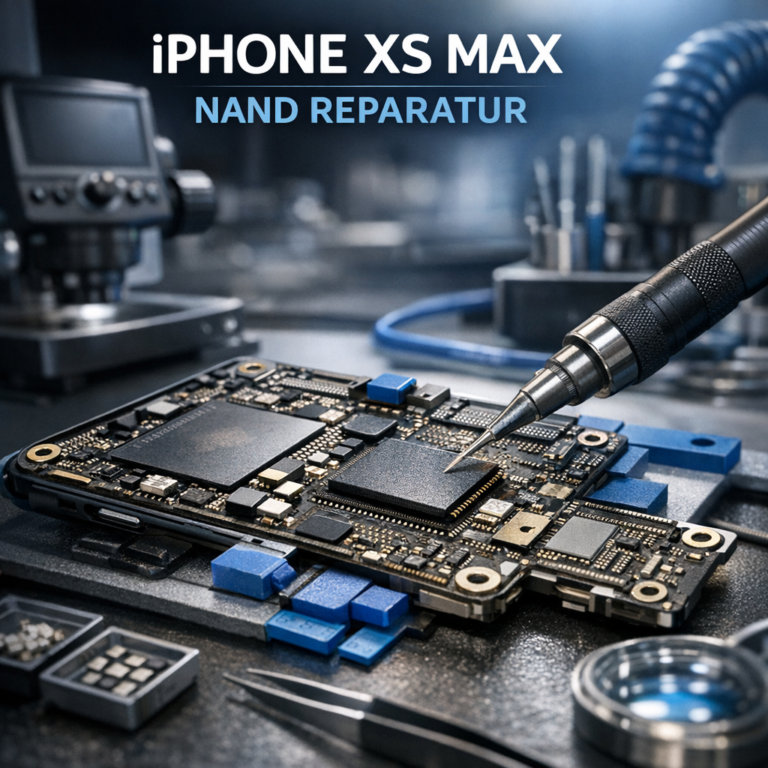 Apple iPhone XS Max NAND Reparatur (Fehler 9, 14, 21, 40, 4013, 4014) - Professionelles Beitragsbild für Apple iPhone XS Max NAND Reparatur: geöffnetes Smartphone-Logicboard mit NAND-Chip, Mikrolöt-Arbeitsplatz, präzise Reparaturtechnik, moderne blaue Akzente, sauberer technischer Look, keine Logos, realistische Werkstattaufnahme