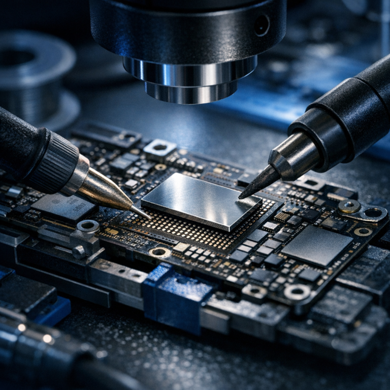Apple iPhone XS Max NAND Reparatur (Fehler 9, 14, 21, 40, 4013, 4014) - Professional macro photo style illustration of an Apple iPhone XS Max logic board NAND chip repair on an electronics workbench, microsoldering tools, blue technical lighting, clean modern repair service look, no text, no logos
