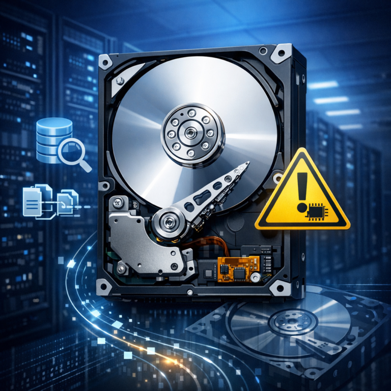 Barracuda 7200.11 Firmware SD15: Warum Hersteller sogar kostenlose Datenrettung anboten - Modern technical illustration of a Seagate Barracuda 7200.11 hard drive with firmware warning symbol, data recovery concept, dark blue server room background, clean professional IT style, no text