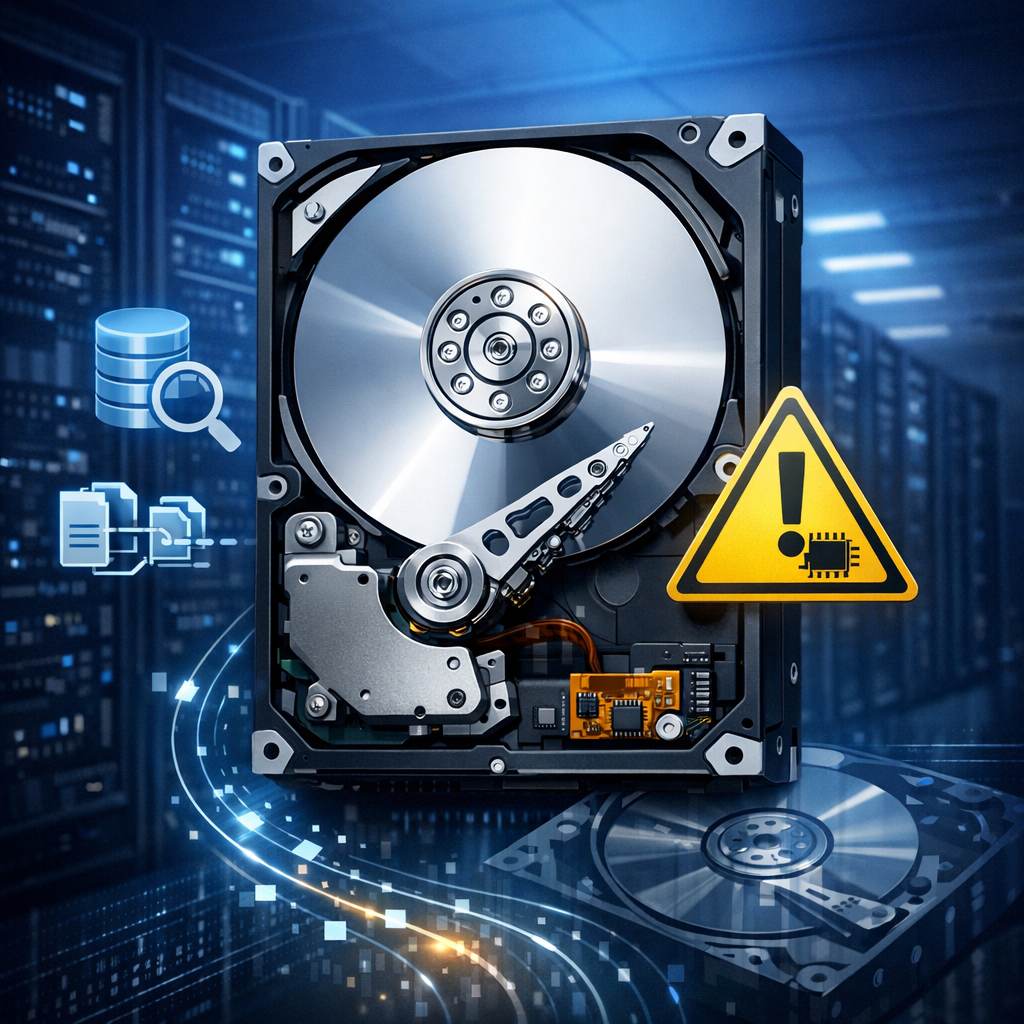 Barracuda 7200.11 Firmware SD15: Warum Hersteller sogar kostenlose Datenrettung anboten - Modern technical illustration of a Seagate Barracuda 7200.11 hard drive with firmware warning symbol, data recovery concept, dark blue server room background, clean professional IT style, no text