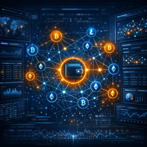 Blockchain-Forensik - Modern digital forensic investigation of blockchain transactions, glowing cryptocurrency network graph, wallet nodes, cybersecurity dashboard, dark blue professional tech style, no text