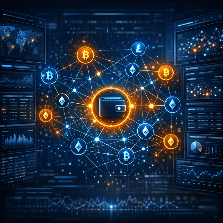 Blockchain-Forensik - Modern digital forensic investigation of blockchain transactions, glowing cryptocurrency network graph, wallet nodes, cybersecurity dashboard, dark blue professional tech style, no text