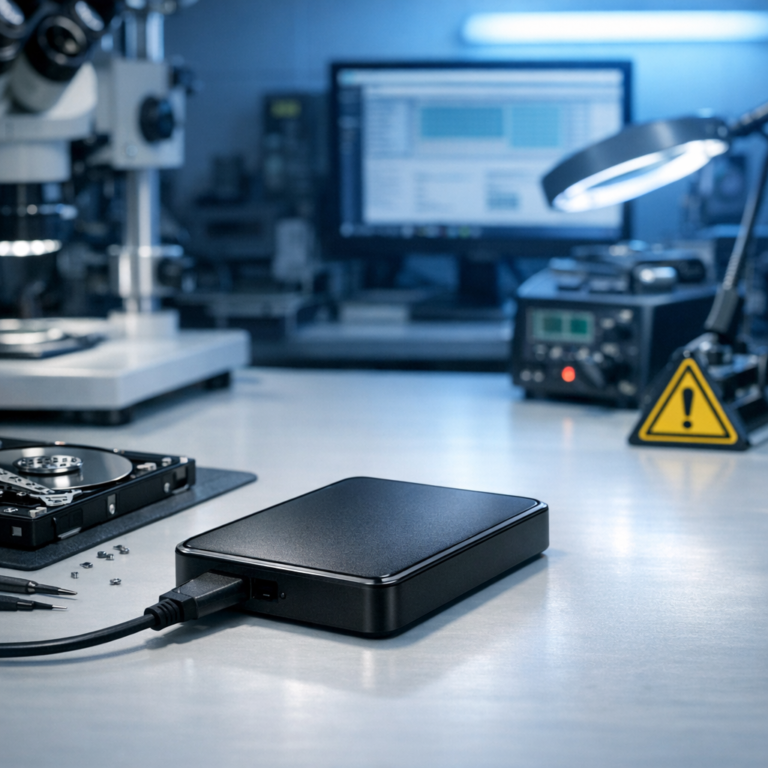 Datenrettung bei einer heruntergefallenen WD My Book – wie hoch sind die Erfolgschancen? - Realistic professional data recovery lab scene with an external Western Digital style hard drive on a clean workbench, subtle warning symbol, modern blue lighting, no logos, high detail, 16:9