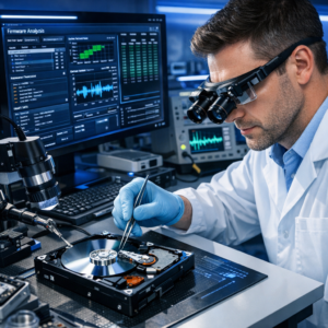 Datenrettung bei Festplatten Firmware-Fehler - Professionelle Datenrettung einer geöffneten Festplatte mit digitaler Firmware-Diagnose, modernes Labor, Techniker, blaue technische Lichtakzente, seriös, clean, high detail