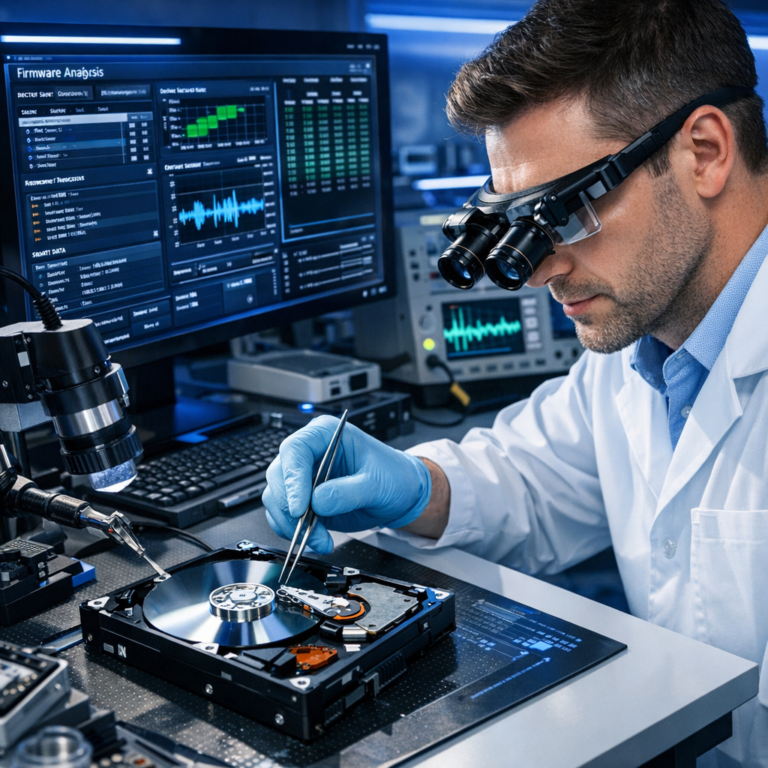 Datenrettung bei Festplatten Firmware-Fehler - Professionelle Datenrettung einer geöffneten Festplatte mit digitaler Firmware-Diagnose, modernes Labor, Techniker, blaue technische Lichtakzente, seriös, clean, high detail
