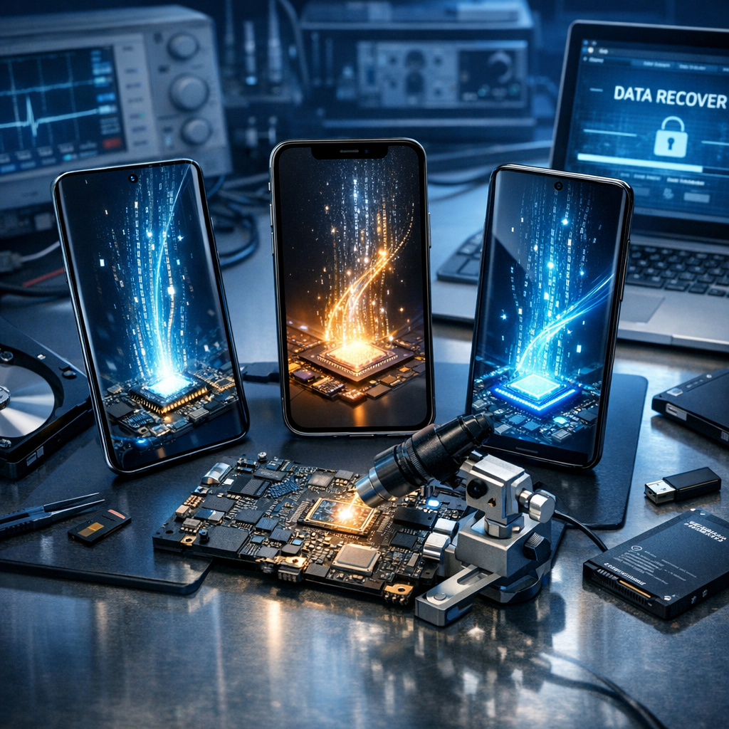 Datenrettung bei neuesten Smartphone-Modellen - Modern professional smartphone data recovery scene, latest smartphones from different manufacturers on a clean workbench, glowing data streams, microchip diagnostics, blue tech lighting, secure recovery concept, high quality realistic illustration