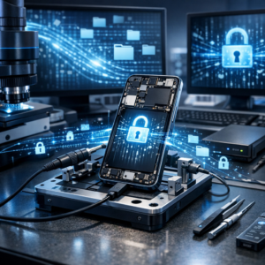 Datenrettung bei neusten Smartphone Modellen - Modern smartphone data recovery lab, latest smartphone model on repair bench, digital data streams, secure encryption concept, professional clean technology style, blue accents, realistic, high quality