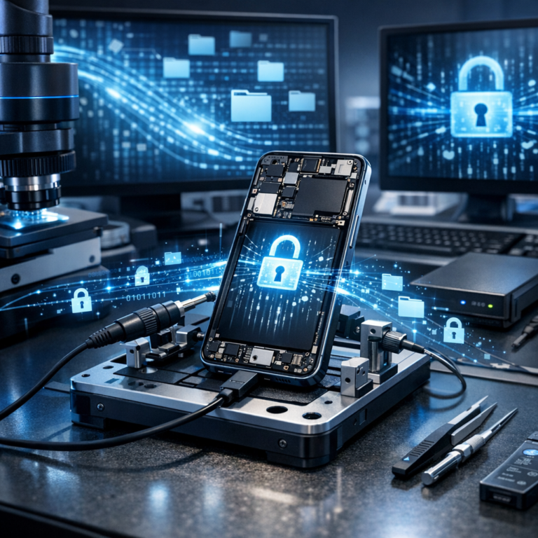 Datenrettung bei neusten Smartphone Modellen - Modern smartphone data recovery lab, latest smartphone model on repair bench, digital data streams, secure encryption concept, professional clean technology style, blue accents, realistic, high quality