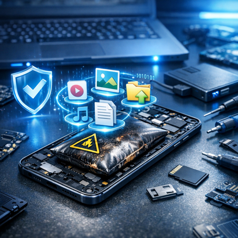Datenrettung trotz Akkuschaden: Alle gängigen Handy-Modelle - Modernes Smartphone mit beschädigtem Akku, Datenrettung Symbolik, digitale Dateien und Fotos werden sicher wiederhergestellt, professionelle IT Reparatur Atmosphäre, blaues Tech-Licht, clean realistic style