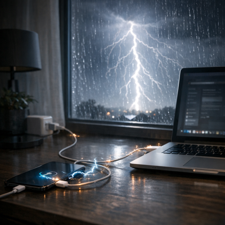 Datenverlust durch Blitzschlag in der Nähe beim Laden - Dramatic realistic scene of a smartphone and laptop charging on a desk during a thunderstorm, lightning outside the window, subtle electrical surge effect, modern clean technology style, no text