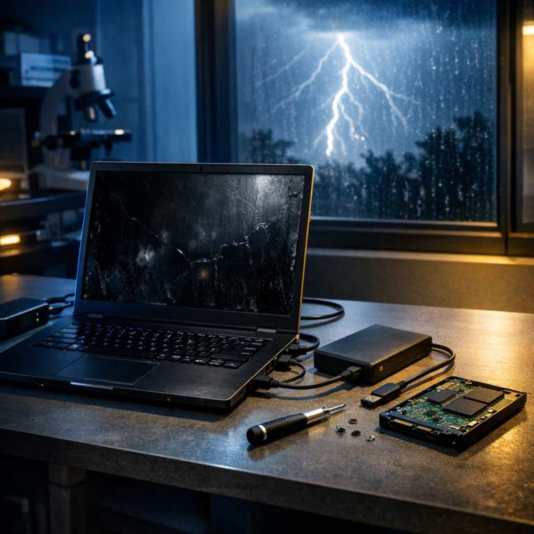 Datenverlust durch Blitzschlag in der Nähe beim Laden – was bis zur Datenrettung wichtig ist - Modern realistic IT data recovery scene after nearby lightning strike while charging: laptop connected to charger, external hard drive and SSD on desk, subtle lightning outside window, professional clean tech atmosphere, blue and yellow accent light, no text, high quality editorial image