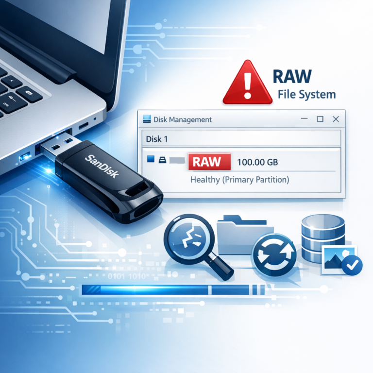 Der SanDisk Ultra USB 3.0 wird als RAW angezeigt - Modern technical illustration of a SanDisk-style USB 3.0 flash drive connected to a laptop, Windows disk management RAW file system warning, data recovery concept, blue and white clean tech style, professional blog header image