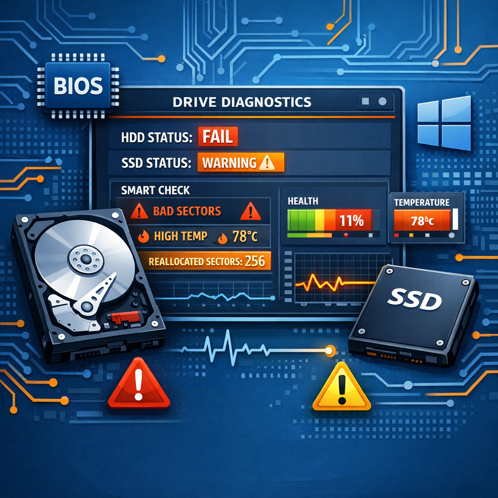 Die Festplatte wird im BIOS erkannt, aber nicht in Windows. Was bedeutet das? Was bedeuten SMART-Fehler und wie gefährlich sind sie? - Modern technical illustration of a hard drive and SSD diagnostics screen, BIOS and Windows symbols, SMART warning indicators, clean blue and orange IT style, professional blog header image