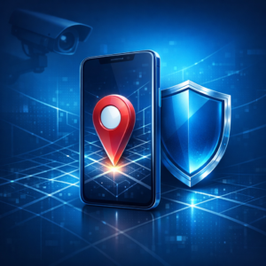 Digitale Ortung und Überwachung - Modern digital privacy concept: smartphone with location pin, abstract map grid, shield icon, subtle surveillance camera silhouette, blue cybersecurity color palette, clean professional tech style, no text