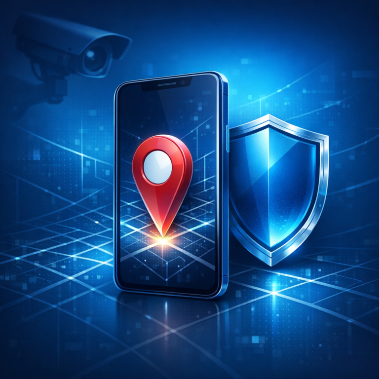 Digitale Ortung und Überwachung - Modern digital privacy concept: smartphone with location pin, abstract map grid, shield icon, subtle surveillance camera silhouette, blue cybersecurity color palette, clean professional tech style, no text