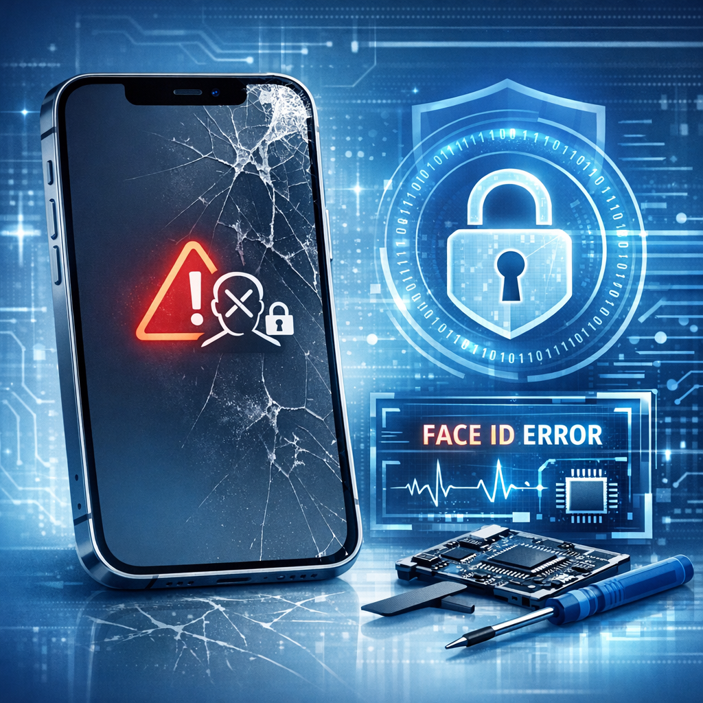 Face ID funktioniert nicht mehr nach Sturz – droht Datenverlust? - Modernes iPhone nach Sturz mit defekter Face ID Symbolik, Datensicherheit, Schloss-Icon, Reparaturdiagnose, clean tech style, blue and white, professional WordPress blog featured image