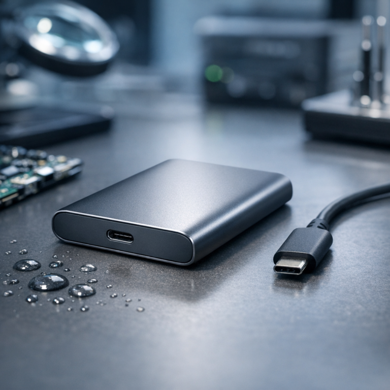 Flüssigkeit auf Samsung Portable SSD T7 verschüttet – Datenrettung für SSDs - Realistic modern close-up of a Samsung-style portable external SSD on a desk with water droplets nearby, USB-C cable disconnected, clean tech repair lab atmosphere, data recovery concept, professional lighting, no logos, 16:9