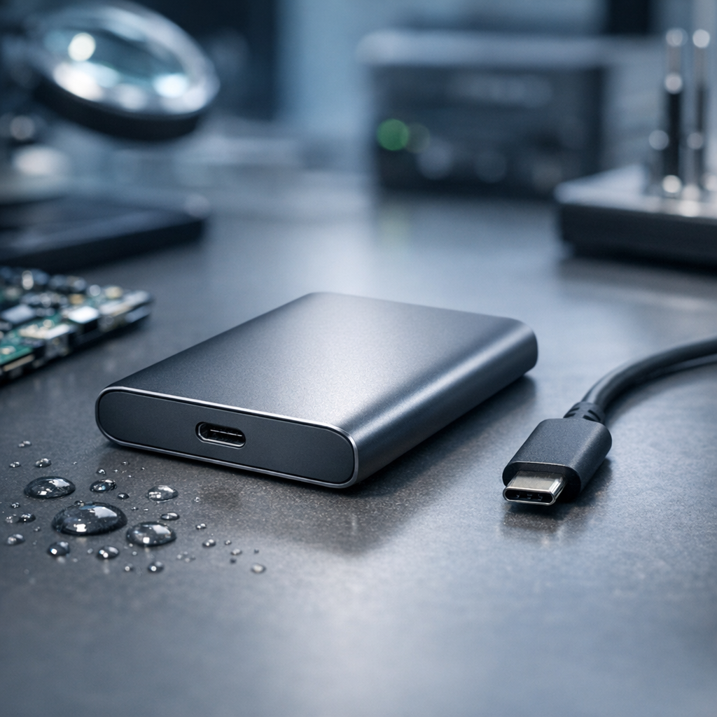 Flüssigkeit auf Samsung Portable SSD T7 verschüttet – Datenrettung für SSDs - Realistic modern close-up of a Samsung-style portable external SSD on a desk with water droplets nearby, USB-C cable disconnected, clean tech repair lab atmosphere, data recovery concept, professional lighting, no logos, 16:9