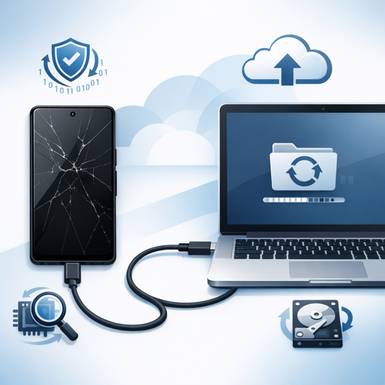 Google Pixel 8 Pro Display defekt – Daten auslesen - Modern professional tech illustration: Google Pixel style smartphone with cracked black display connected via USB-C cable to a laptop, data recovery symbols, cloud backup icons, blue and white clean background, realistic but brand-neutral, no text