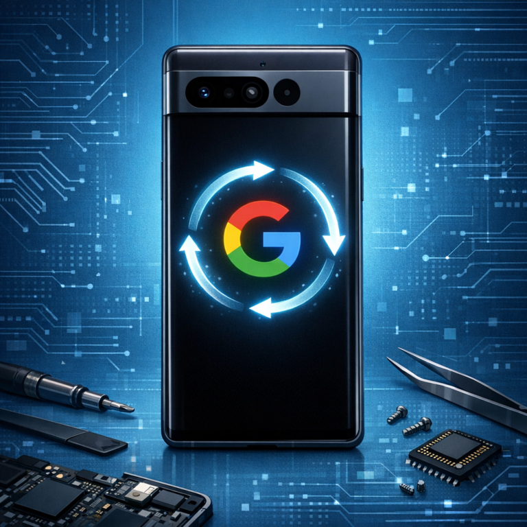 Google Pixel 8 Pro hängt im Bootloop. - Modern technical illustration of a Google Pixel 8 Pro style smartphone stuck in a bootloop, glowing Google-style boot screen, circular restart arrows, clean blue tech background, repair and troubleshooting mood, no text