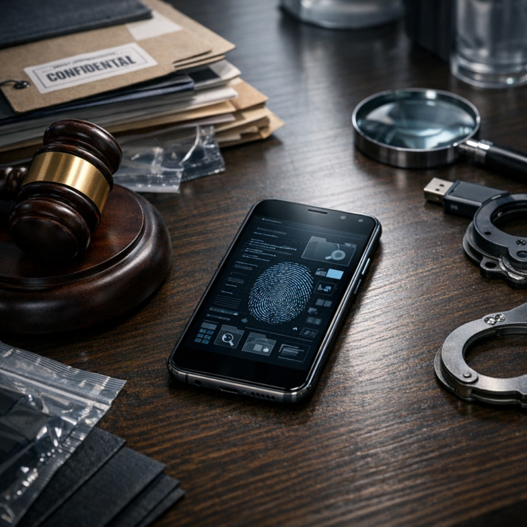 Handy beschlagnahmt – Voraussetzungen, Risiken und Strafverteidigung - Symbolic legal and digital forensics scene: smartphone on a desk beside a gavel and case files, subtle police evidence context, modern professional lighting, no readable text, serious legal atmosphere