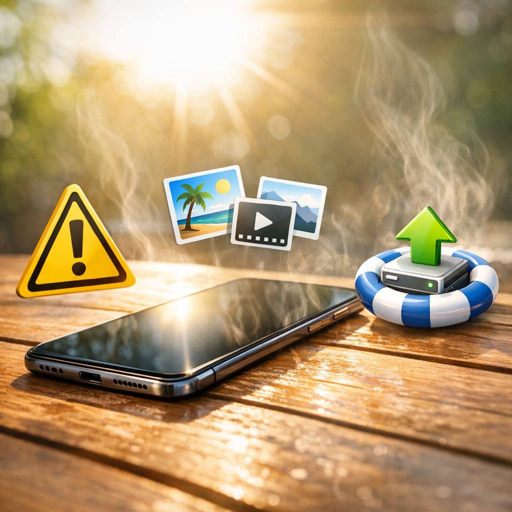 Handy lag 3 Stunden in der prallen Sonne – sind meine Fotos noch rettbar? - Realistic modern smartphone lying on a sunny outdoor table with strong sunlight and heat waves, warning symbol, photo gallery icons floating, data recovery concept, clean tech blog style, no text