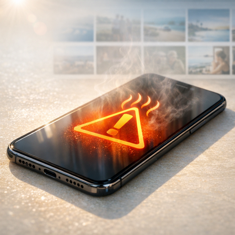 Handy lag 3 Stunden in der prallen Sonne – sind meine Fotos noch rettbar? - Modern realistic editorial image of an overheated smartphone lying on a bright sunny surface with warning heat icon concept, photo gallery thumbnails subtly visible, professional data recovery theme, clean tech style, no text
