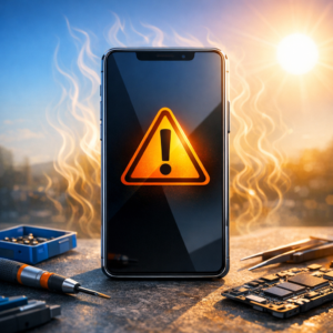 Handy zeigt nach 40°C Außentemperatur nur noch Bootloop - Modernes Smartphone mit Warnsymbol und Hitzewellen bei sommerlicher Außentemperatur, technischer Reparatur-Ratgeber Stil, klare blaue und orange Akzente, realistisch, professionell, ohne Text
