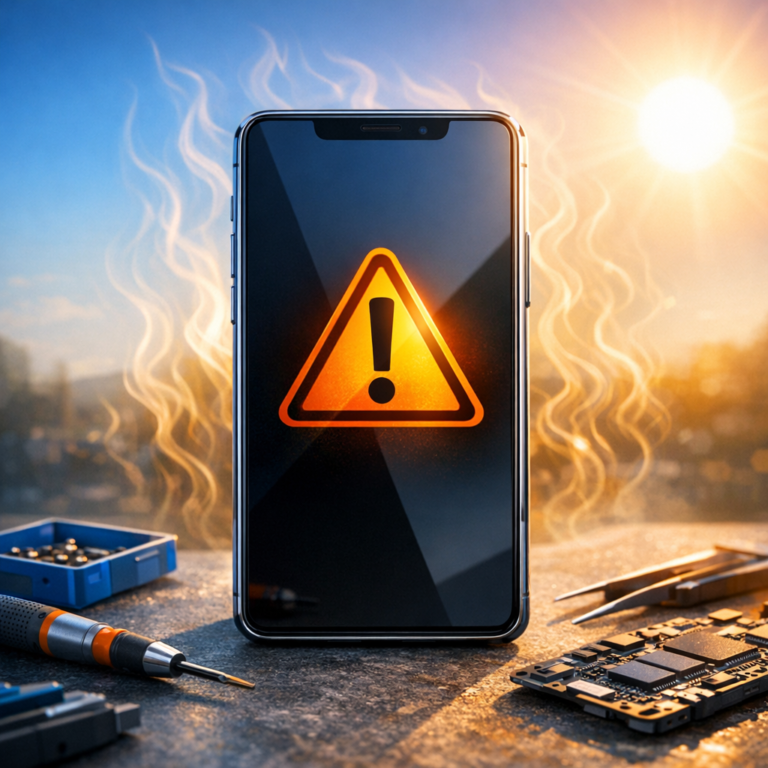 Handy zeigt nach 40°C Außentemperatur nur noch Bootloop - Modernes Smartphone mit Warnsymbol und Hitzewellen bei sommerlicher Außentemperatur, technischer Reparatur-Ratgeber Stil, klare blaue und orange Akzente, realistisch, professionell, ohne Text