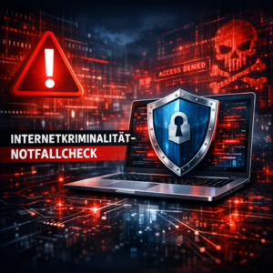 Internetkriminalität-Notfallcheck: Hilfe für den Ernstfall - Modernes Beitragsbild zum Thema Internetkriminalität-Notfallcheck: digitale Sicherheit, rotes Warnsymbol, Laptop mit Schutzschild, Cyberangriff im Hintergrund, professionelle IT-Sicherheitsoptik, klar, seriös, keine Personen, 16:9