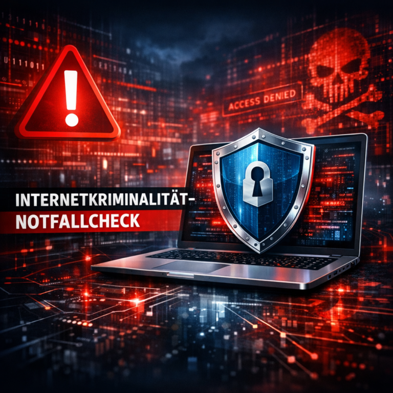 Internetkriminalität-Notfallcheck: Hilfe für den Ernstfall - Modernes Beitragsbild zum Thema Internetkriminalität-Notfallcheck: digitale Sicherheit, rotes Warnsymbol, Laptop mit Schutzschild, Cyberangriff im Hintergrund, professionelle IT-Sicherheitsoptik, klar, seriös, keine Personen, 16:9