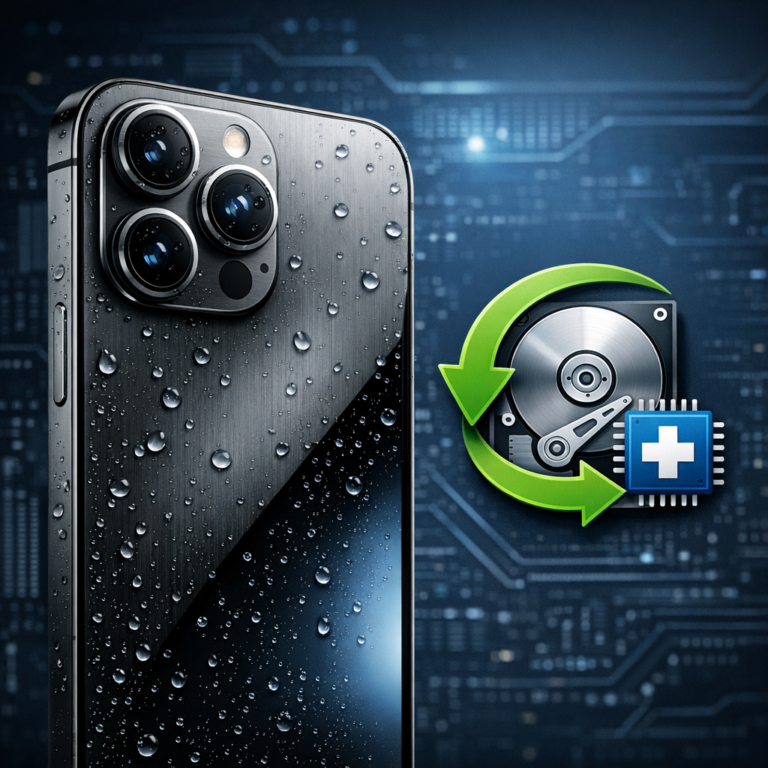 iPhone 16 Pro Max Wasserschaden: Wann ist eine Datenrettung noch möglich? - Modern close-up of an iPhone 16 Pro Max with subtle water droplets beside a data recovery symbol, dark blue technical background, professional repair and data rescue atmosphere, realistic, clean, high quality