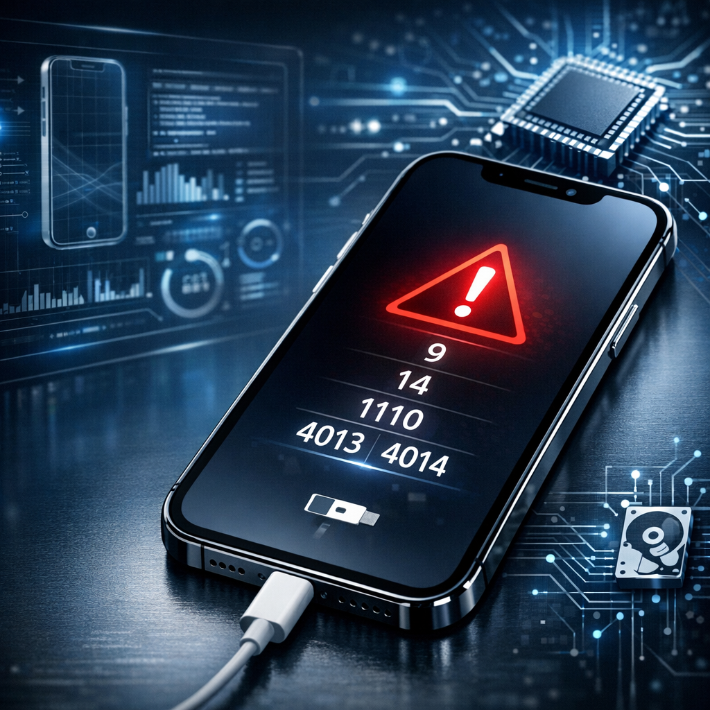 iPhone Fehlercodes: Datenrettung bei 9, 14, 1110, 4013 und 4014 - Modern professional hero image for iPhone data recovery: close-up of an iPhone with error code symbols 9, 14, 1110, 4013, 4014, digital diagnostics interface, blue and dark tech background, clean premium IT service style, no text, realistic lighting