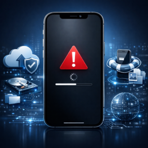 iPhone nach Update auf iOS 18.4.1 unbrauchbar – Daten retten - Modernes technisches Beitragsbild: iPhone mit iOS Update Fehlermeldung, Datenrettung, Cloud Backup Symbole, dunkler blauer Hintergrund, professionell, sauber, keine Schrift im Bild