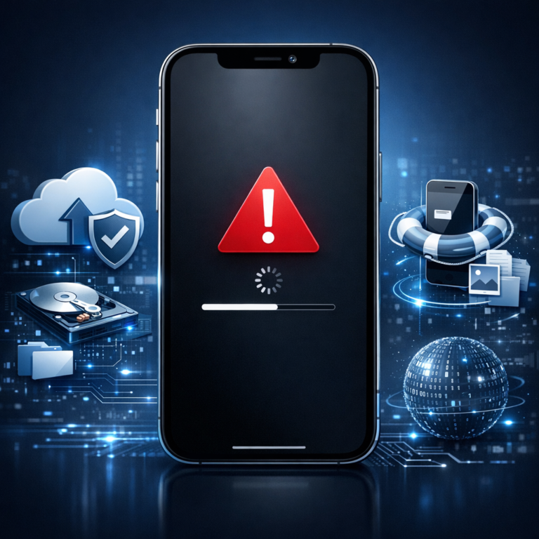 iPhone nach Update auf iOS 18.4.1 unbrauchbar – Daten retten - Modernes technisches Beitragsbild: iPhone mit iOS Update Fehlermeldung, Datenrettung, Cloud Backup Symbole, dunkler blauer Hintergrund, professionell, sauber, keine Schrift im Bild