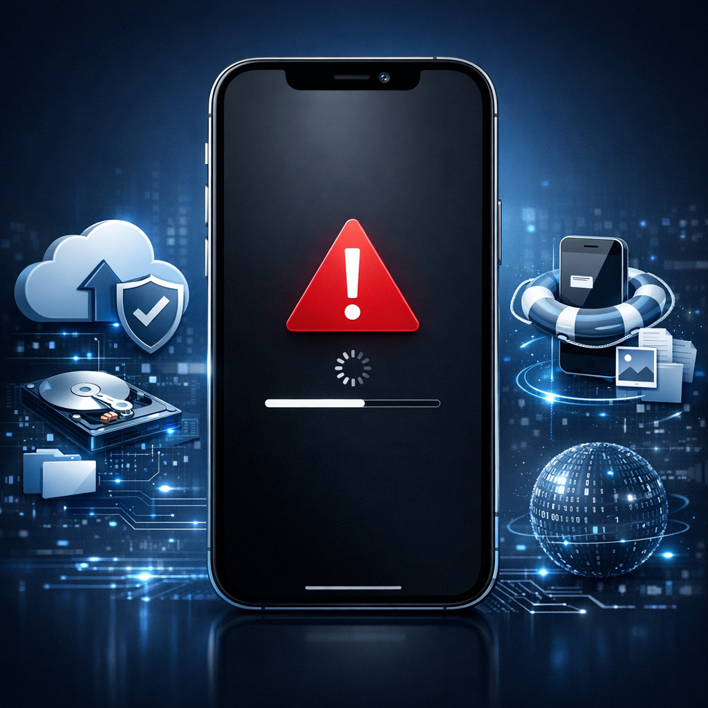 iPhone nach Update auf iOS 18.4.1 unbrauchbar – Daten retten - Modernes technisches Beitragsbild: iPhone mit iOS Update Fehlermeldung, Datenrettung, Cloud Backup Symbole, dunkler blauer Hintergrund, professionell, sauber, keine Schrift im Bild