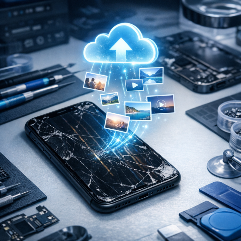 iPhone XR Totalschaden – Fotos und Videos retten - Modern realistic tech repair scene: damaged iPhone XR on a clean workbench, glowing cloud backup icons, photos and video thumbnails safely transferring, professional data recovery atmosphere, blue and white color palette, no text