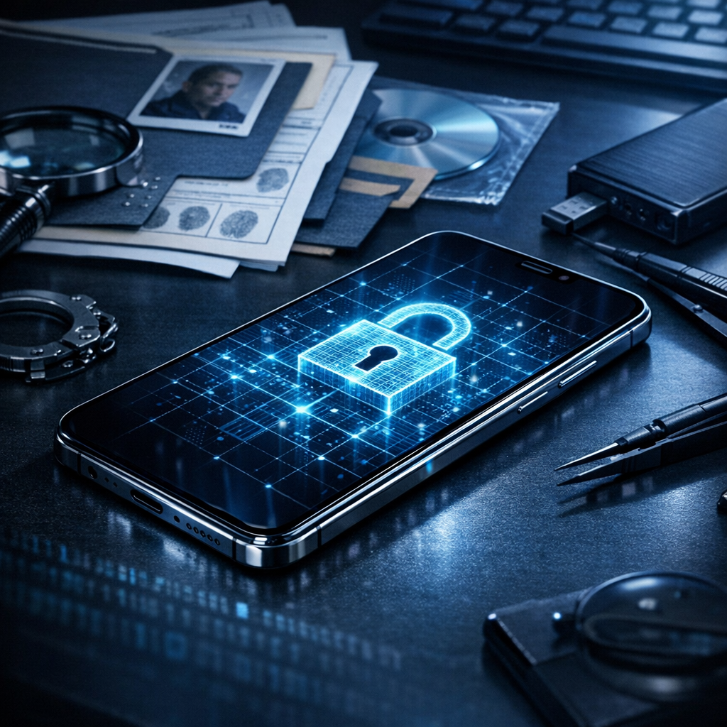 Kann die Polizei Handys auswerten? - Modernes Smartphone auf einem Schreibtisch mit digitalem Sicherheitsraster, Polizei-Ermittlungsakte im Hintergrund, Datenschutz und digitale Forensik, seriöser Tech-Look, blaues Licht, ohne Text