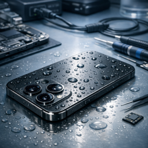 Kann man Daten von einem wassergeschädigten iPhone 16 Pro retten? - Modern realistic close-up of a wet iPhone 16 Pro on a clean repair desk with tiny water droplets, diagnostic tools, subtle blue lighting, professional data recovery atmosphere, no text