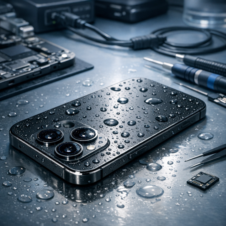 Kann man Daten von einem wassergeschädigten iPhone 16 Pro retten? - Modern realistic close-up of a wet iPhone 16 Pro on a clean repair desk with tiny water droplets, diagnostic tools, subtle blue lighting, professional data recovery atmosphere, no text