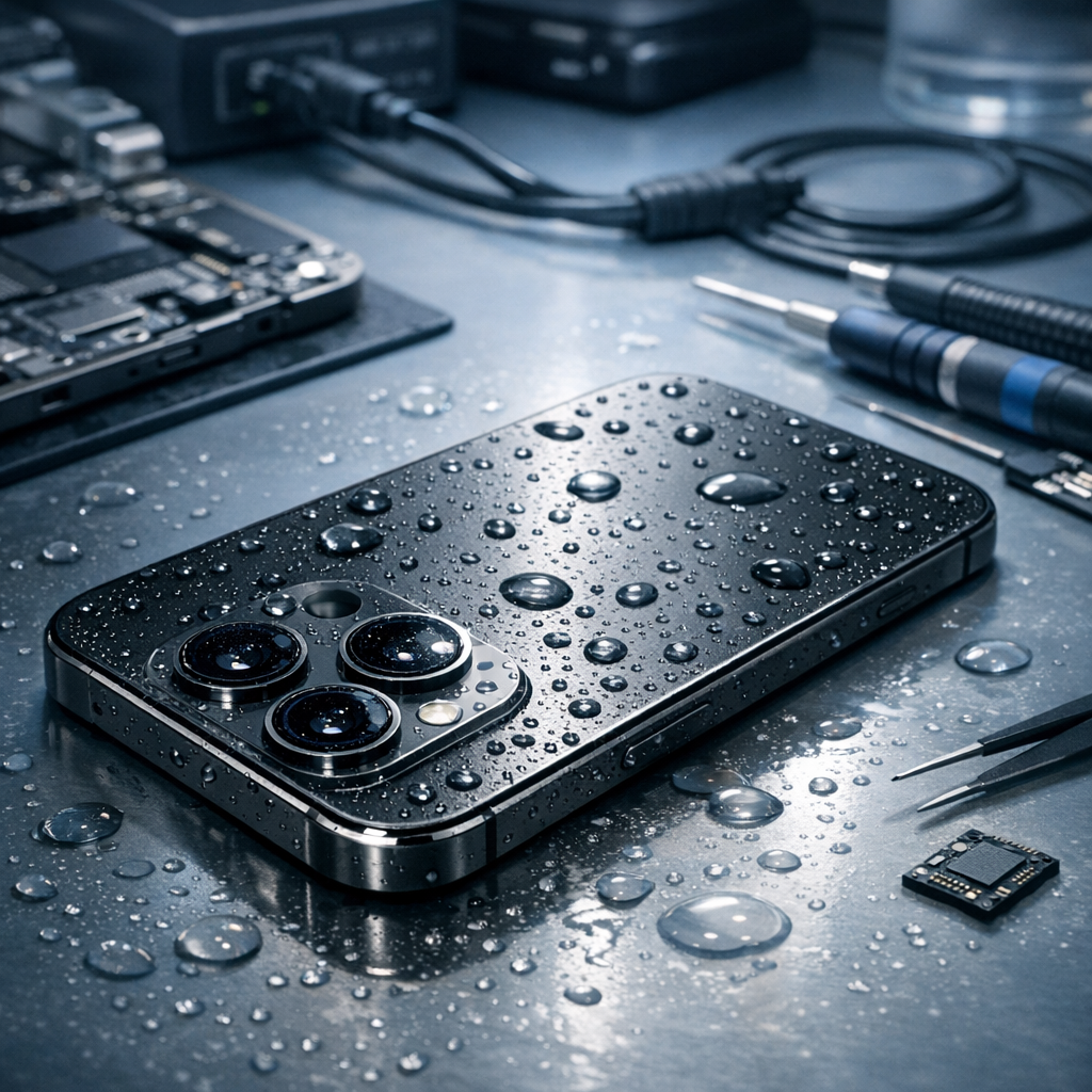 Kann man Daten von einem wassergeschädigten iPhone 16 Pro retten? - Modern realistic close-up of a wet iPhone 16 Pro on a clean repair desk with tiny water droplets, diagnostic tools, subtle blue lighting, professional data recovery atmosphere, no text