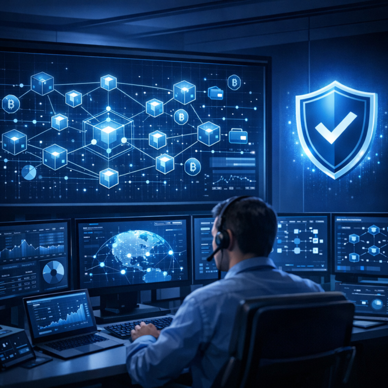Krypto-Soforthilfe Forensik | Kostenlose Fallprüfung - Modern digital crypto forensics scene, blockchain transaction network, cybersecurity analyst dashboard, shield icon, blue professional color palette, clean corporate style, no text